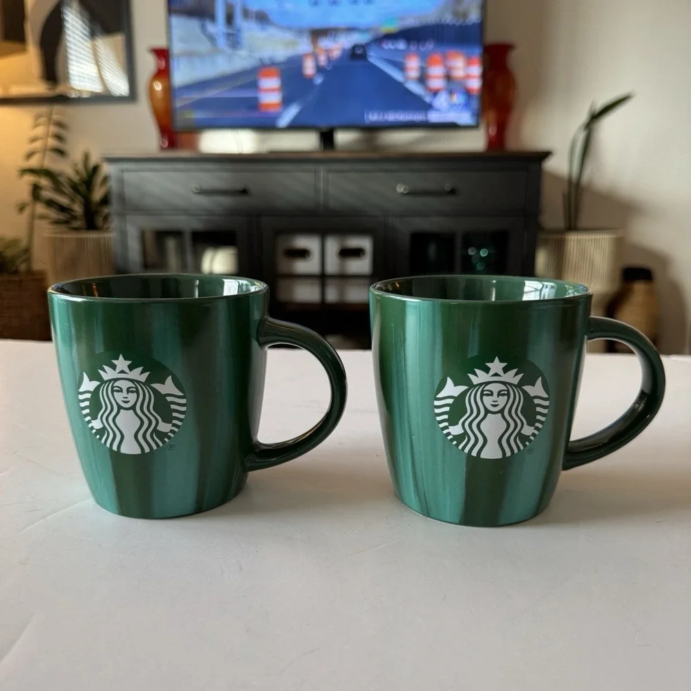 Starbucks 2022 Coffee Mugs Set Of 2 Marbled Green 15 oz Grande Ceramic Mermaid